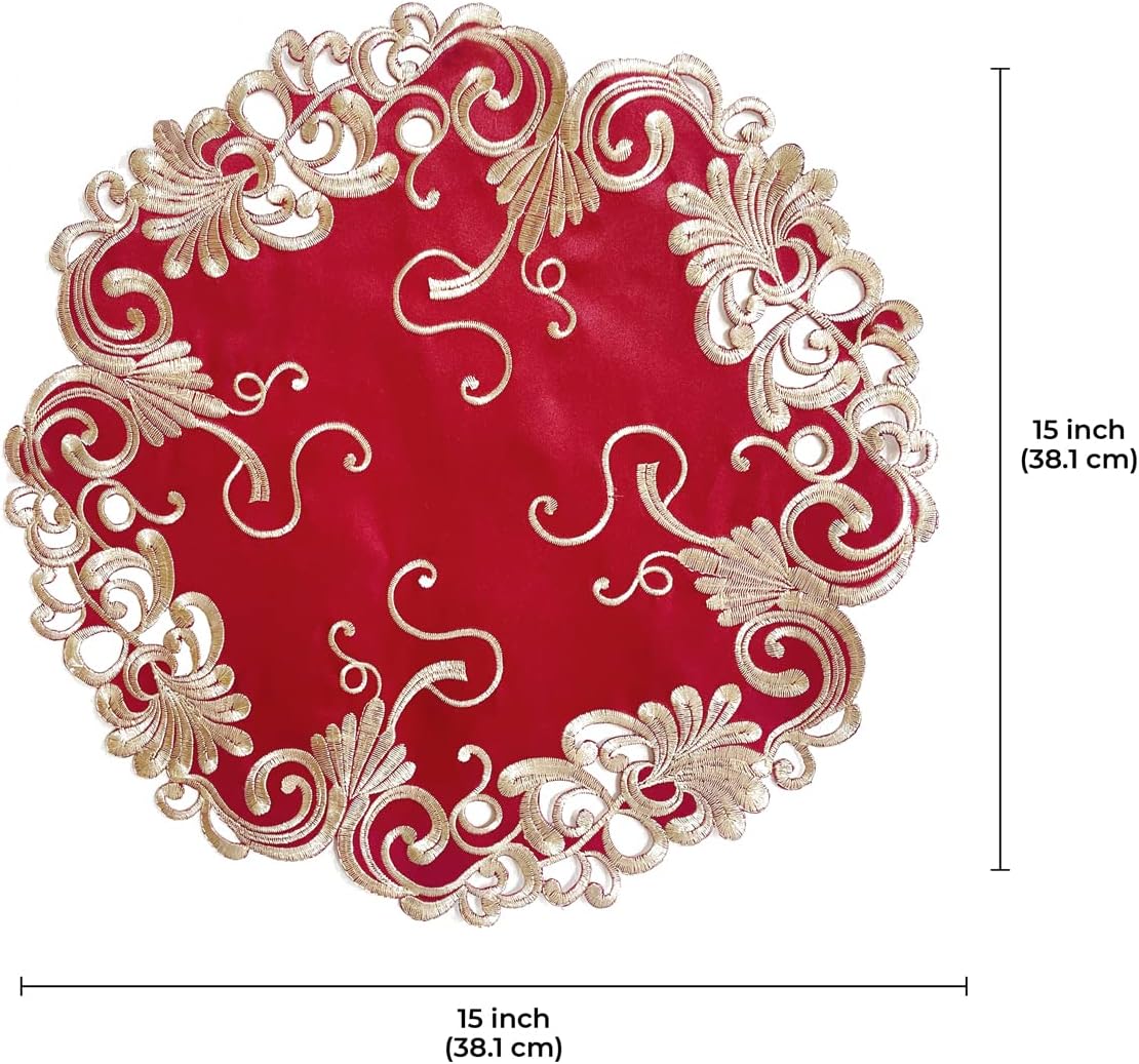 Burgundy Charm – Burgundy Gold Table Doilies, Chantelle Collection Artistic Table Décor 15 inch - Decozen