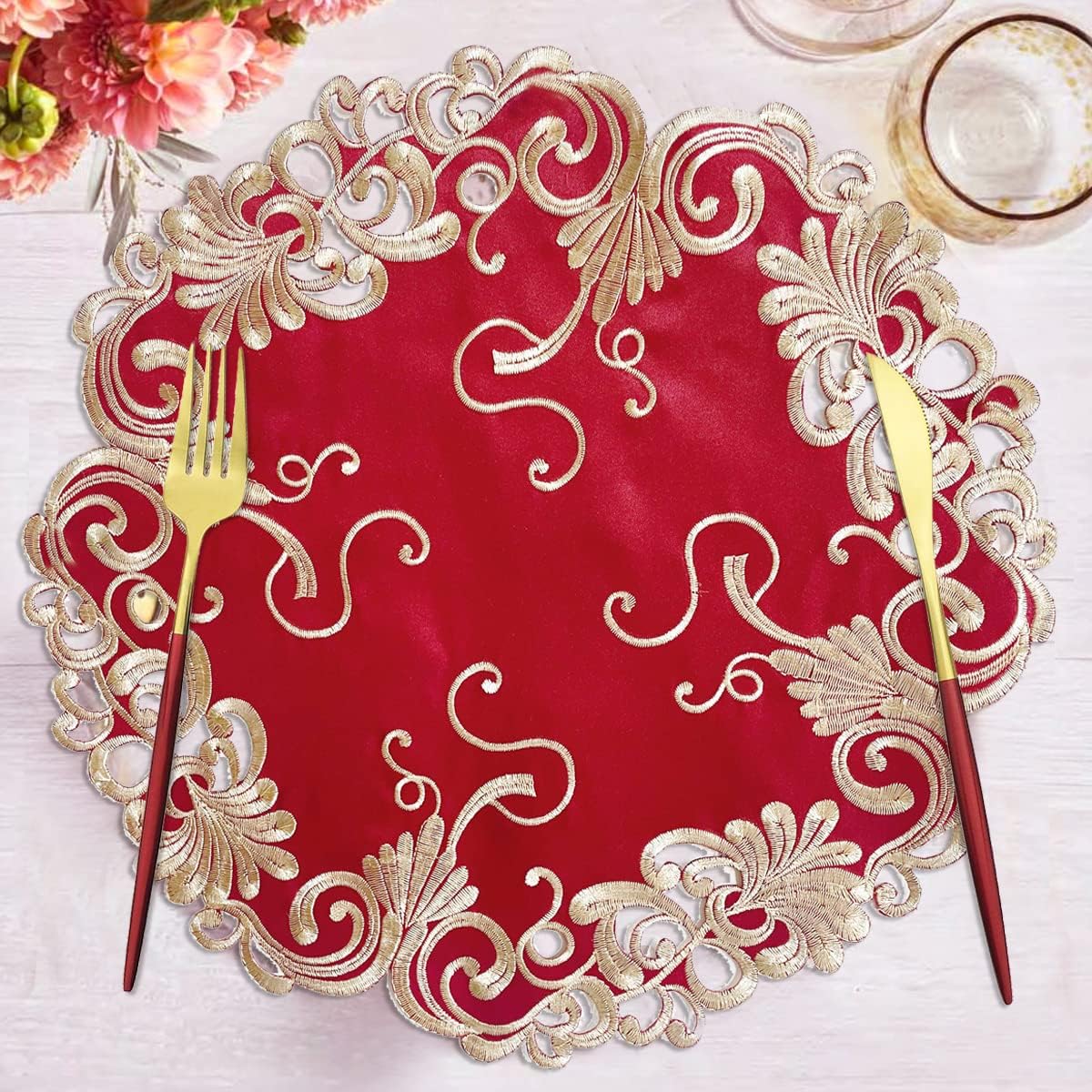 Burgundy Charm – Burgundy Gold Table Doilies, Chantelle Collection Artistic Table Décor 15 inch - Decozen