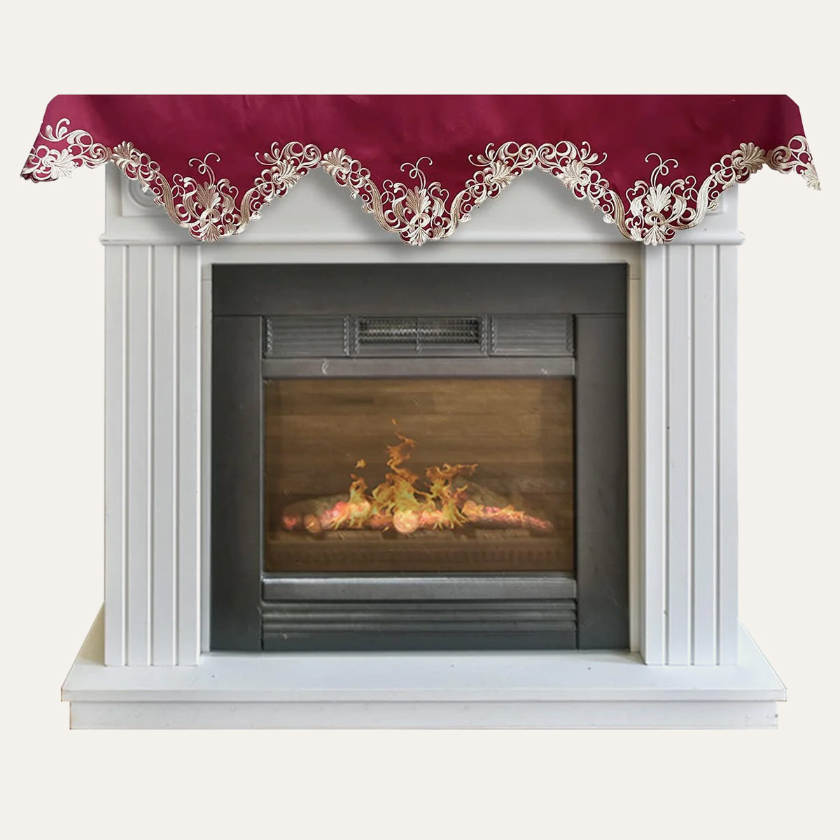 Burgundy gold mantel scarf from Chantelle Collection, artistic home accent, 18x90 inches, styled as a decorative table or mantel covering.