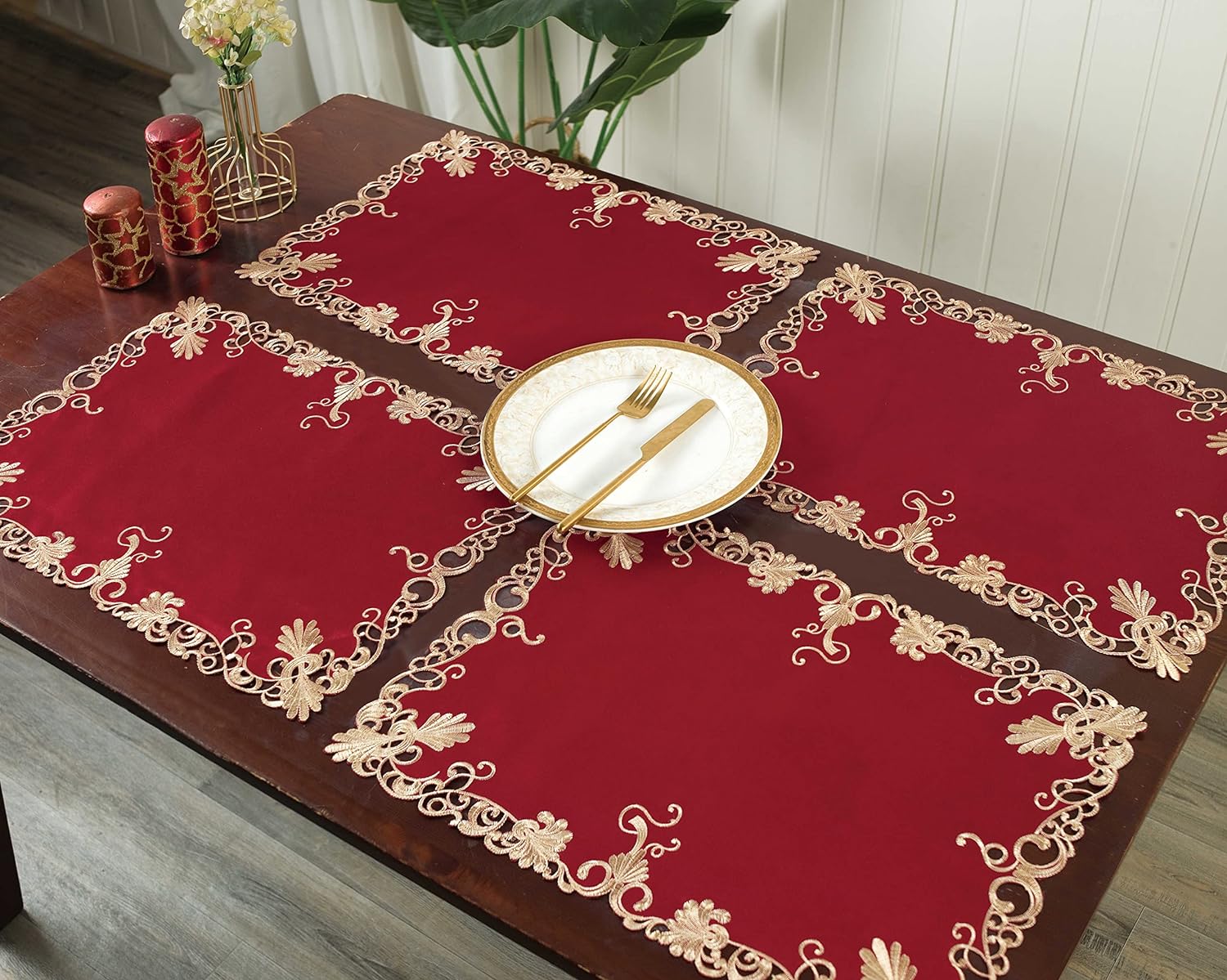 Burgundy Charm – Burgundy Gold Table Placemats, Chantelle Collection Artistic Dining Décor 12*18 inch - Decozen