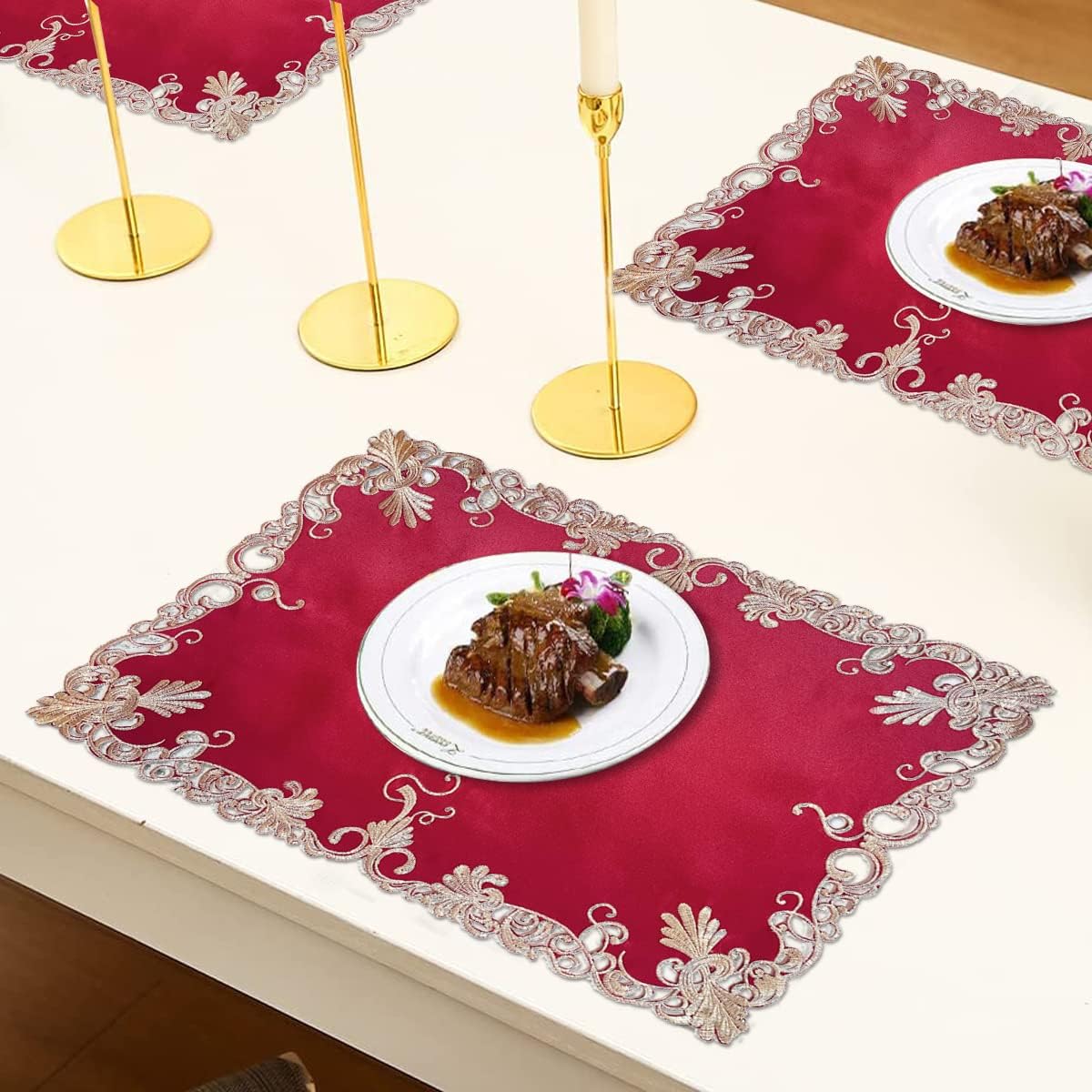 Burgundy Charm – Burgundy Gold Table Placemats, Chantelle Collection Artistic Dining Décor 12*18 inch - Decozen