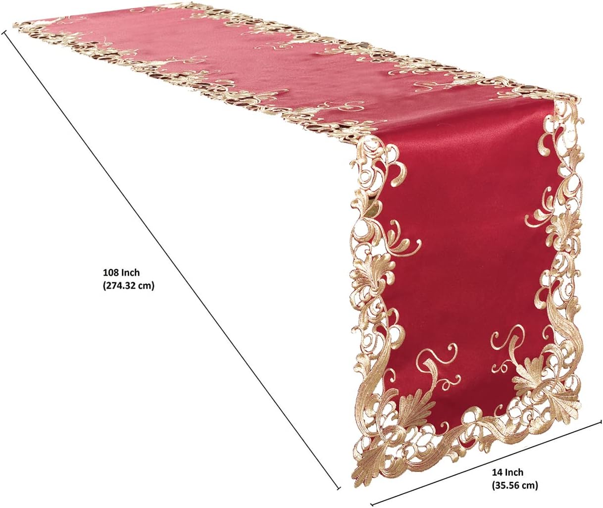 Burgundy and gold table runner from RIZ-009-RN Chantelle Collection, artistic 14x108 inch table décor for elegant dining.