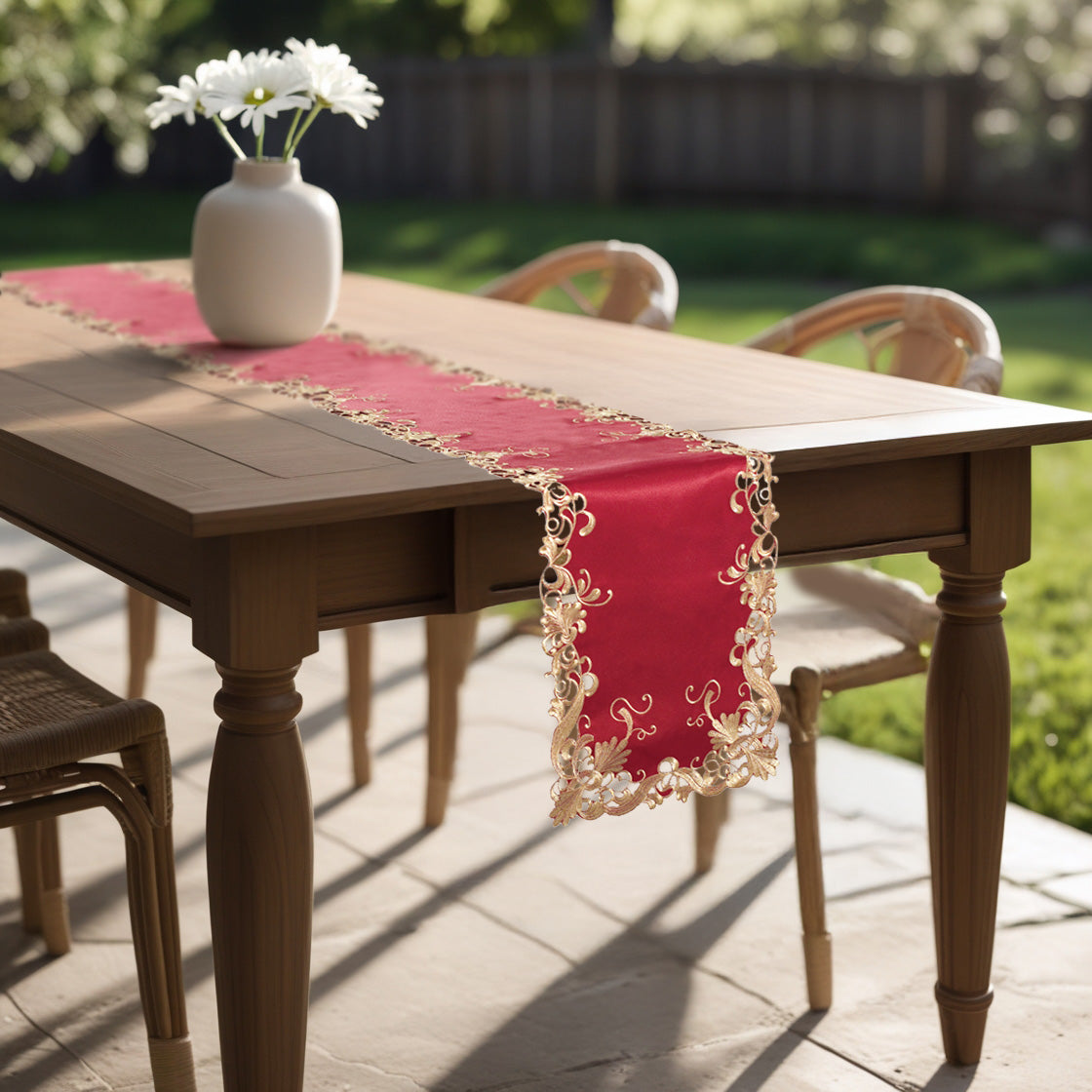 Burgundy and gold Chantelle Collection table runner by RIZ-009-RN, 14x108 inches, artistic table décor for elegant dining.