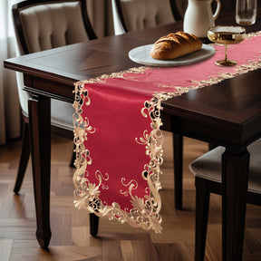 Burgundy gold table runner from RIZ-009-RN Chantelle Collection, 14x108 inches, featuring elegant artistic design for table décor.