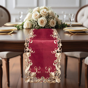 Burgundy and gold table runner from RIZ-009-RN Chantelle Collection, 14x108 inches, featuring artistic decorative design.