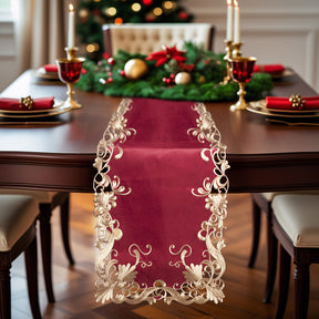 Burgundy and gold table runner from RIZ-009-RN Chantelle Collection, 14x108 inch, artistic table décor for elegant dining.