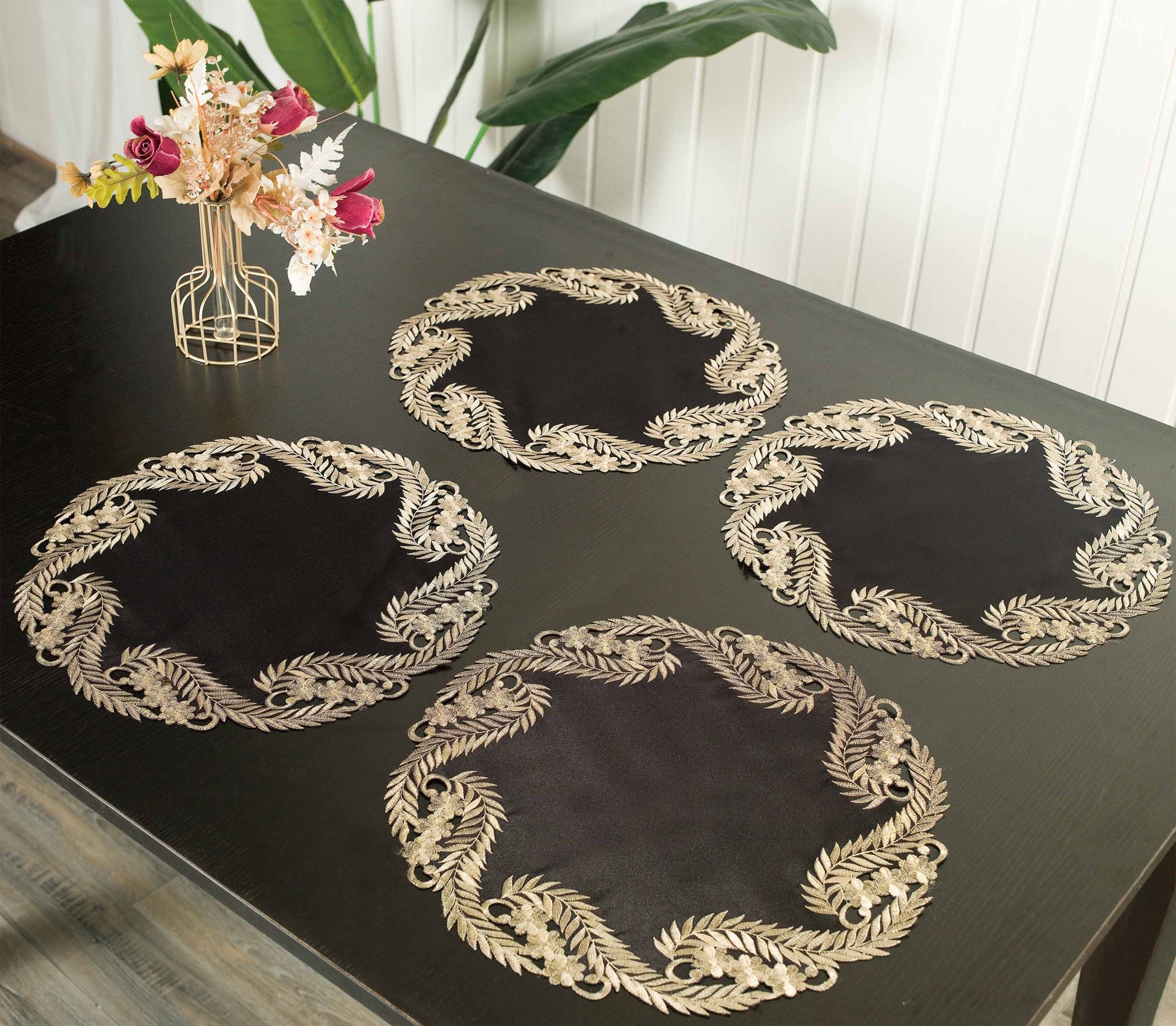 Ebony Bloom – Black Gold Table Doilies, Anyce Collection Elegant Decorative Runner 15 inch - Decozen