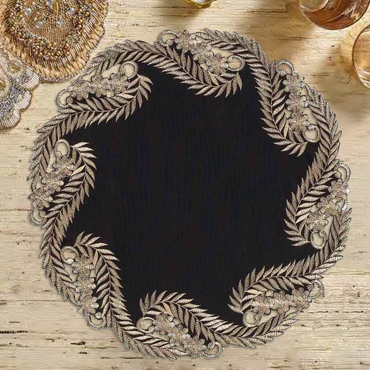 Ebony Bloom – Black Gold Table Doilies, Anyce Collection Elegant Decorative Runner 15 inch - Decozen