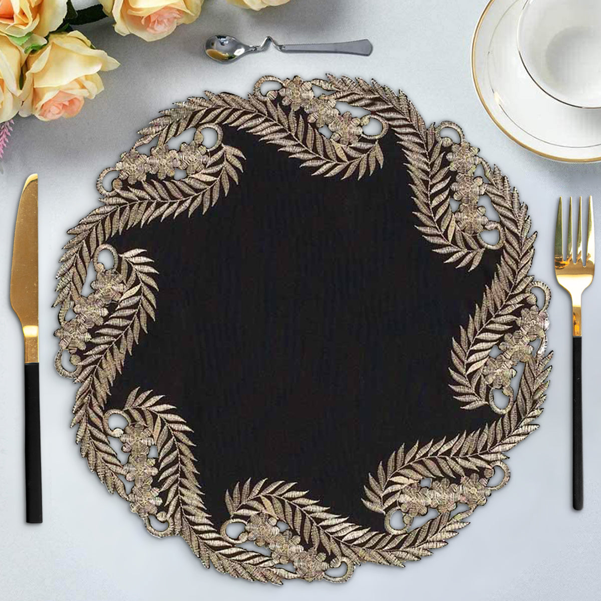 Ebony Bloom – Black Gold Table Doilies, Anyce Collection Elegant Decorative Runner 15 inch - Decozen