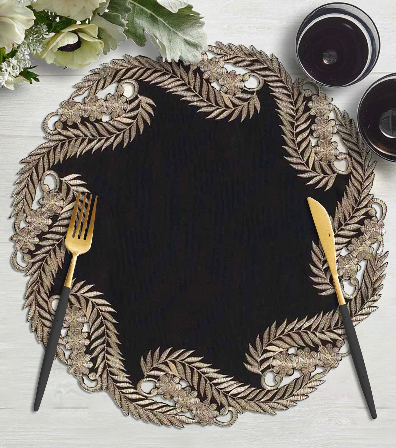 Ebony Bloom – Black Gold Table Doilies, Anyce Collection Elegant Decorative Runner 15 inch - Decozen