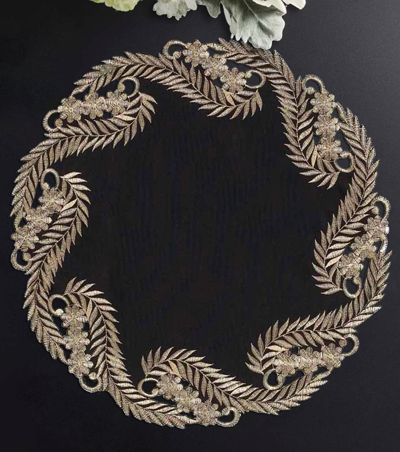 Ebony Bloom – Black Gold Table Doilies, Anyce Collection Elegant Decorative Runner 15 inch - Decozen