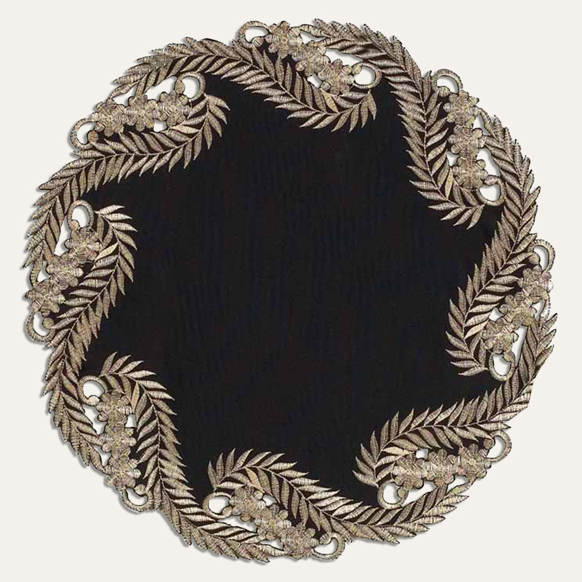 Set of four Ebony Bloom black gold table doilies from RIZ-010-DL Anyce Collection, 15-inch decorative runner with elegant floral design.