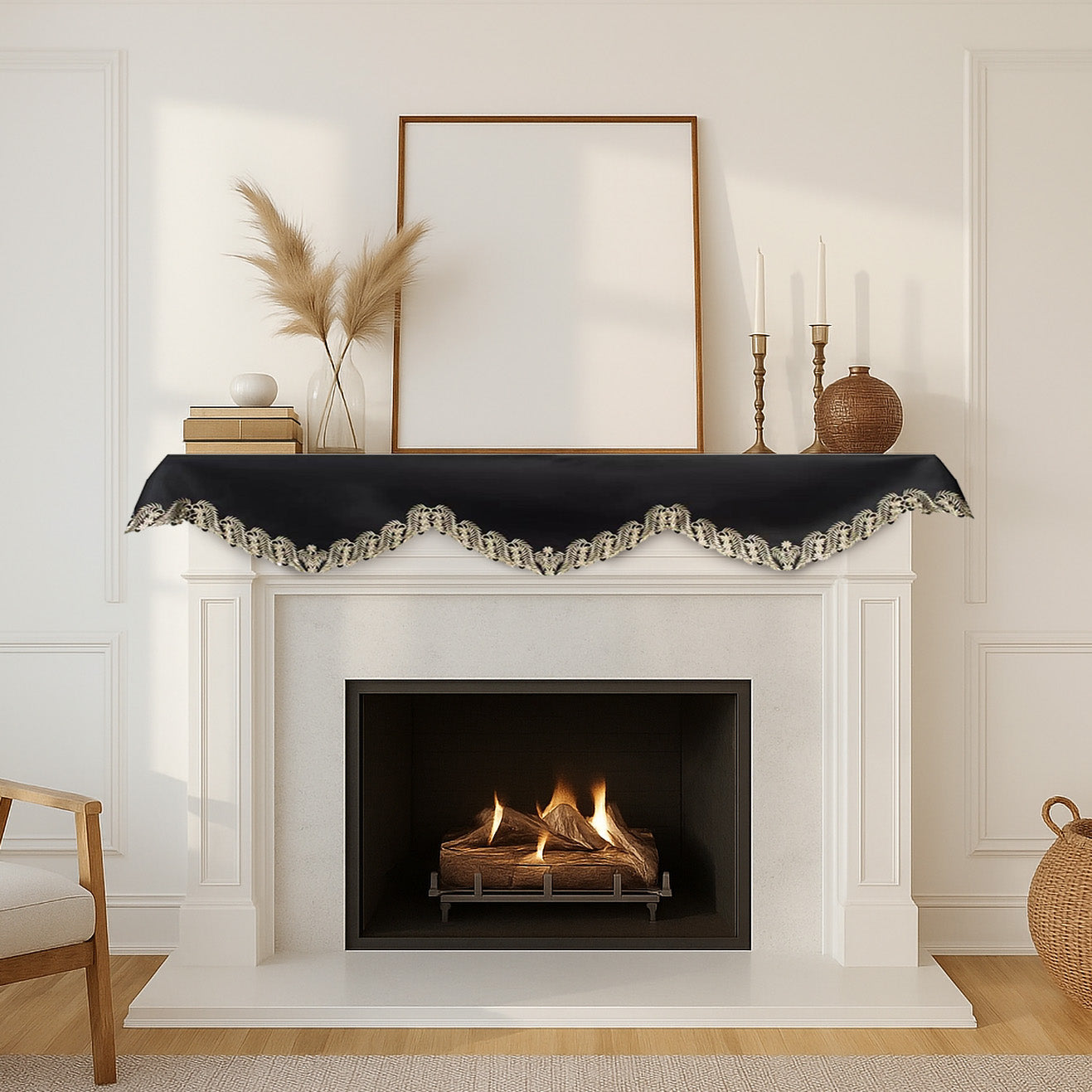 Ebony Bloom – Black Gold Mantel Scarf, Anyce Collection Modern Decorative Home Décor 18*90 Inch - Decozen
