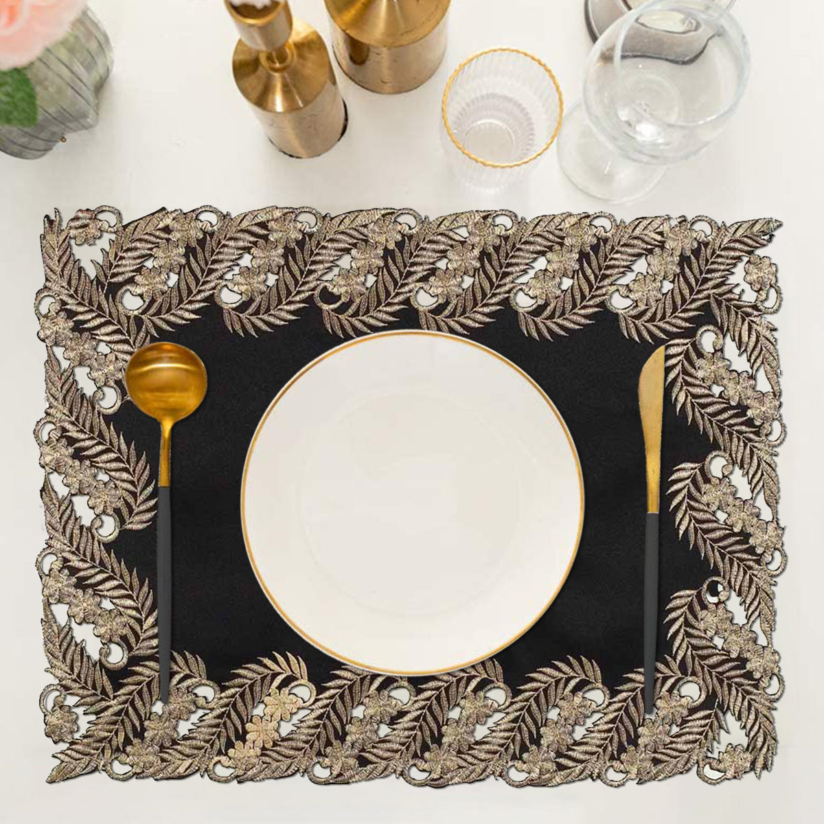 Ebony Bloom – Black Gold Table Placemats, Anyce Collection Elegant Decorative Dining Décor 12*18 inch - Decozen