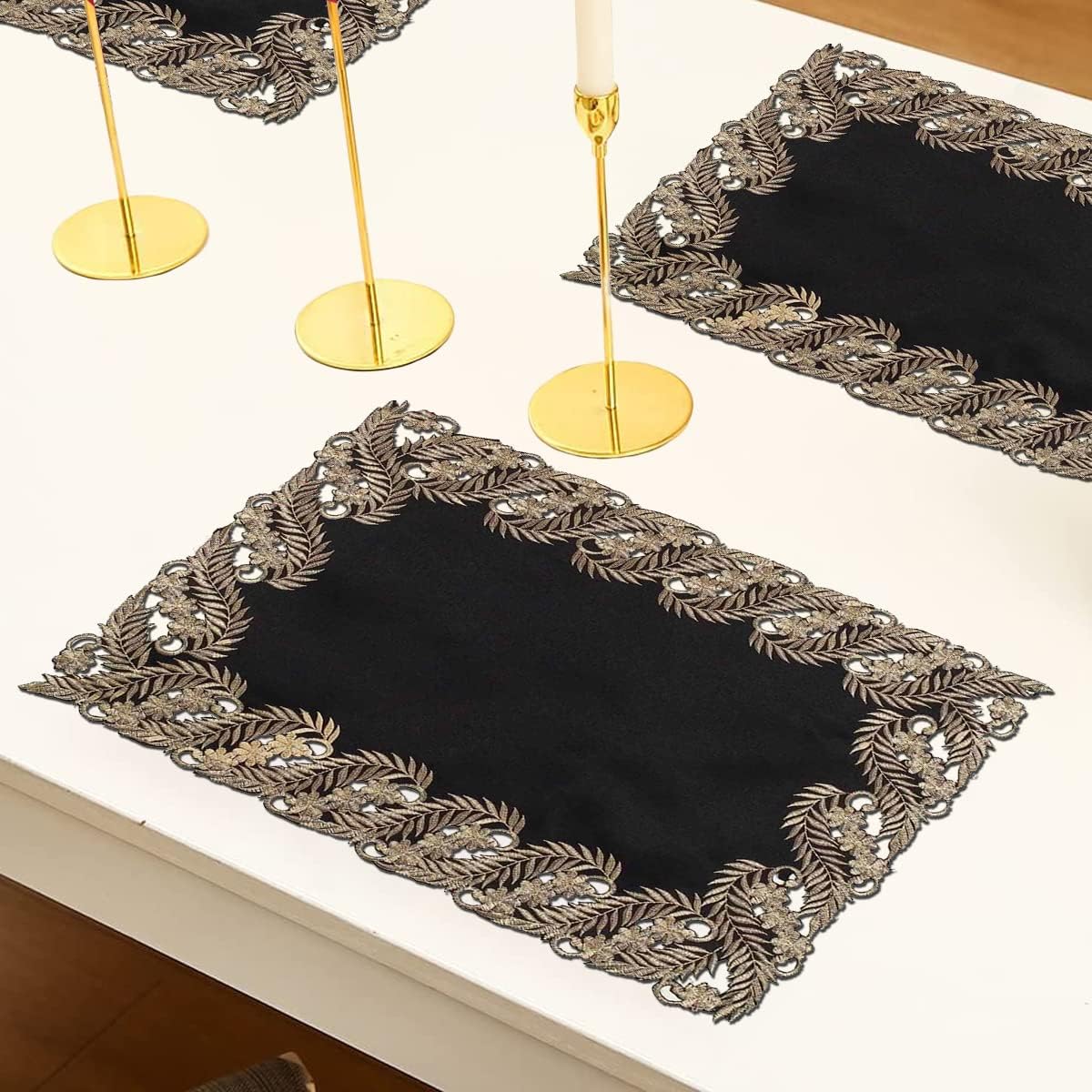 Ebony Bloom – Black Gold Table Placemats, Anyce Collection Elegant Decorative Dining Décor 12*18 inch - Decozen