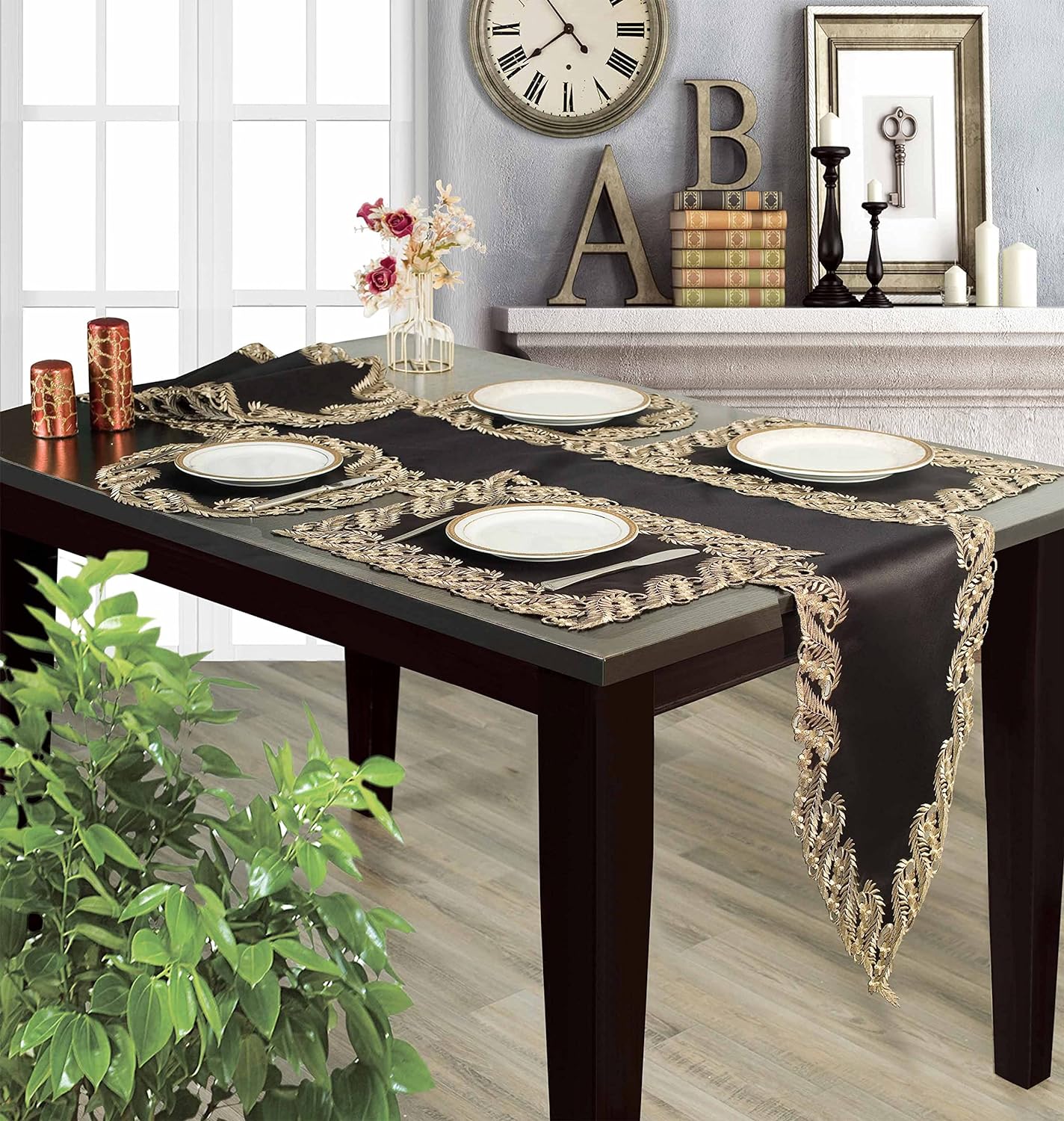 Ebony Bloom – Black Gold Table Placemats, Anyce Collection Elegant Decorative Dining Décor 12*18 inch - Decozen