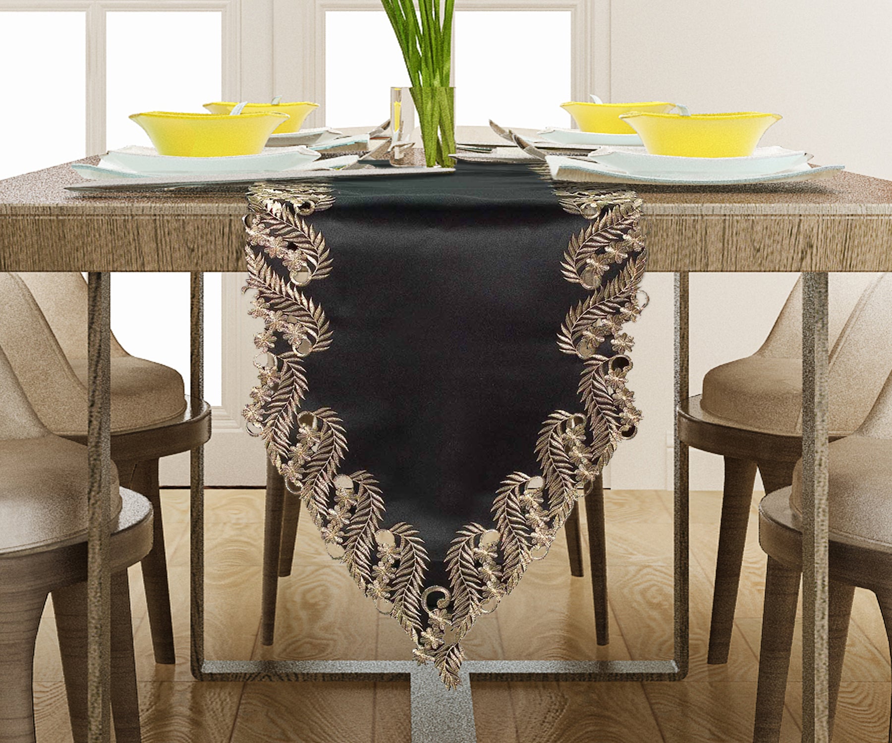 Elegant Ebony Bloom black and gold table runner from Anyce Collection, 14x108 inches, decorative and stylish for special occasions.