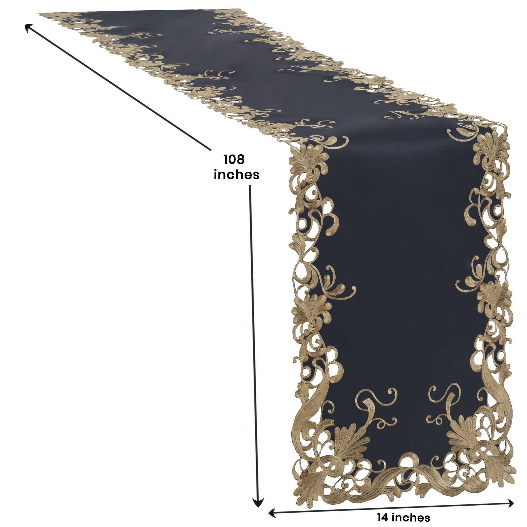 Elegant black and gold Ebony Bloom table runner from Anyce Collection, decorative 14x108 inch fabric for stylish table settings.