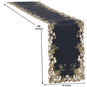 Elegant black and gold Ebony Bloom table runner from Anyce Collection, decorative 14x108 inch fabric for stylish table settings.