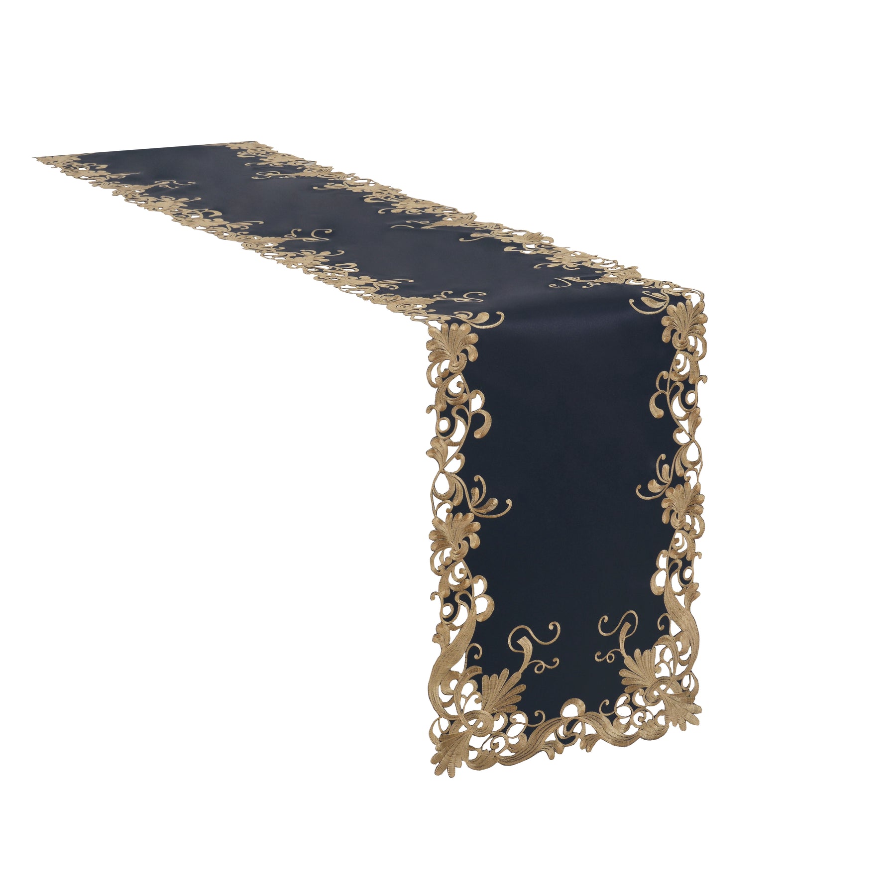 Ebony Bloom Black Gold Table Runner from Anyce Collection, elegant decorative table runner measuring 14x108 inches with intricate design.