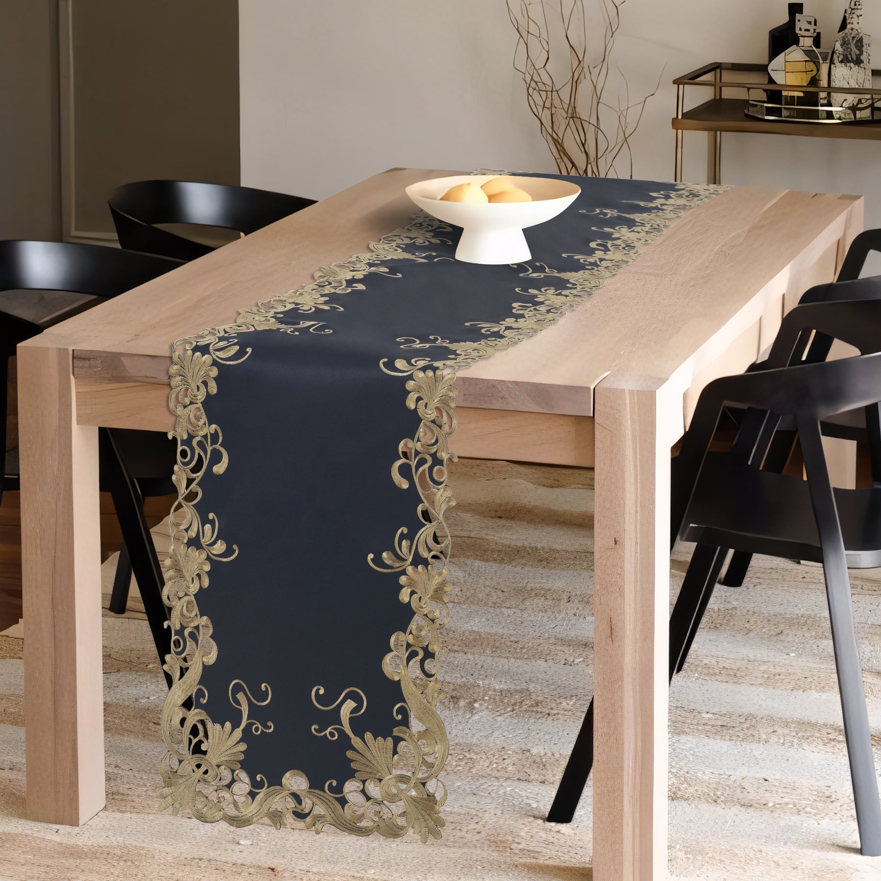 Ebony Bloom black gold table runner from Anyce Collection, decorative 14x108 inch table runner with elegant floral design.
