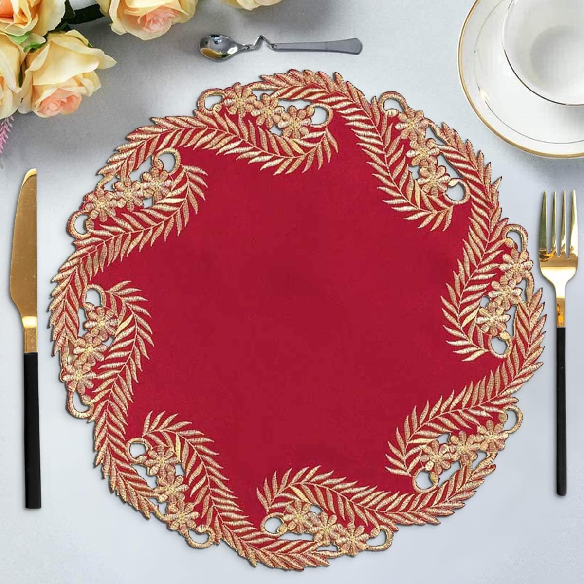 Wine Grace – Burgundy Gold Table Doilies, Anyce Collection Modern Dining Décor 15 inch - Decozen