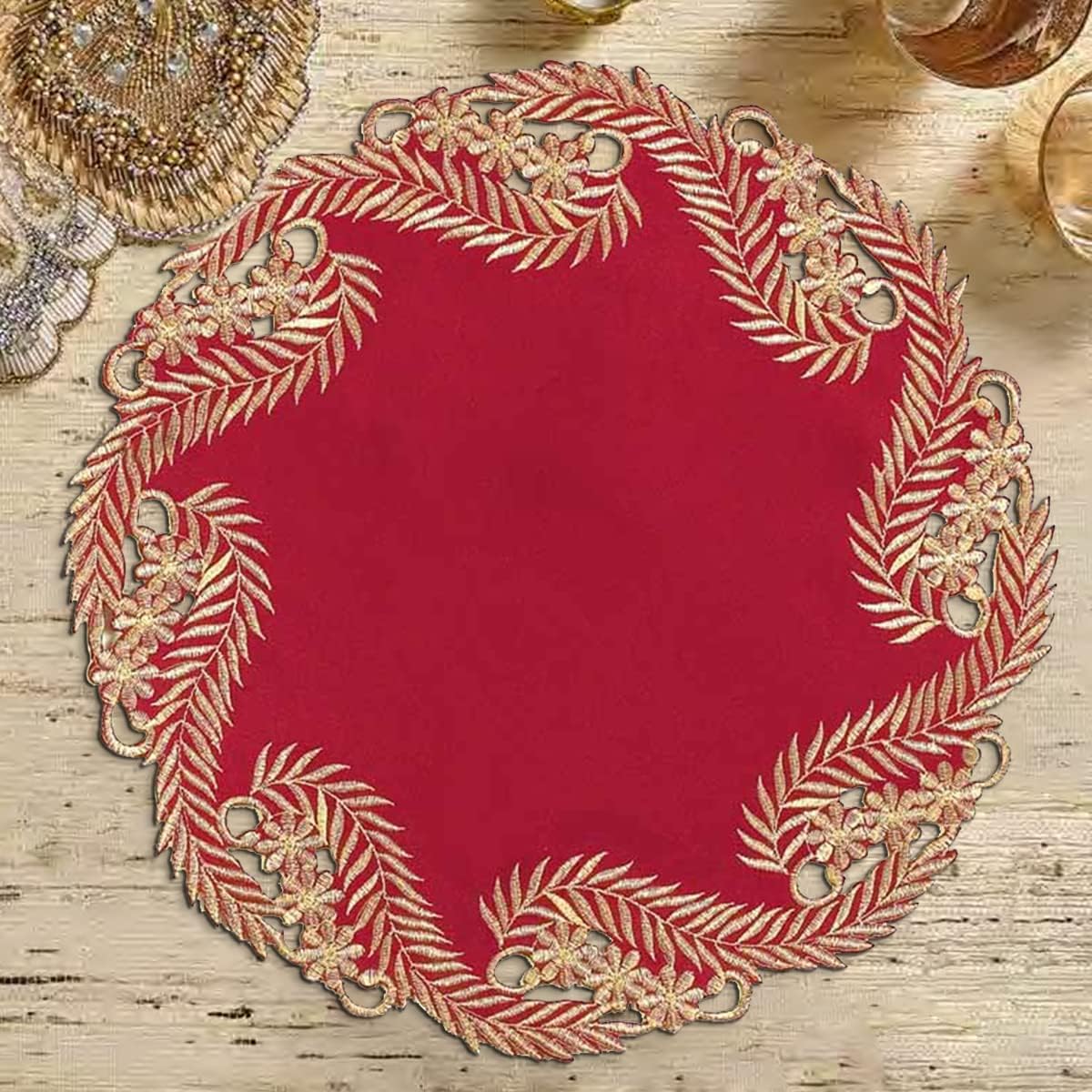 Wine Grace – Burgundy Gold Table Doilies, Anyce Collection Modern Dining Décor 15 inch - Decozen