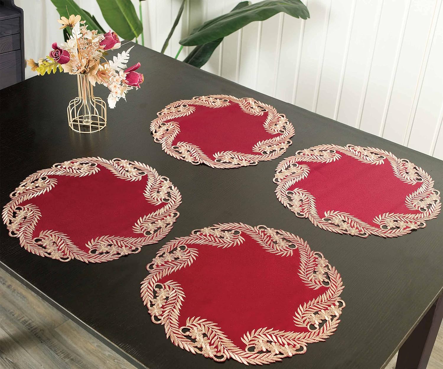 Wine Grace – Burgundy Gold Table Doilies, Anyce Collection Modern Dining Décor 15 inch - Decozen