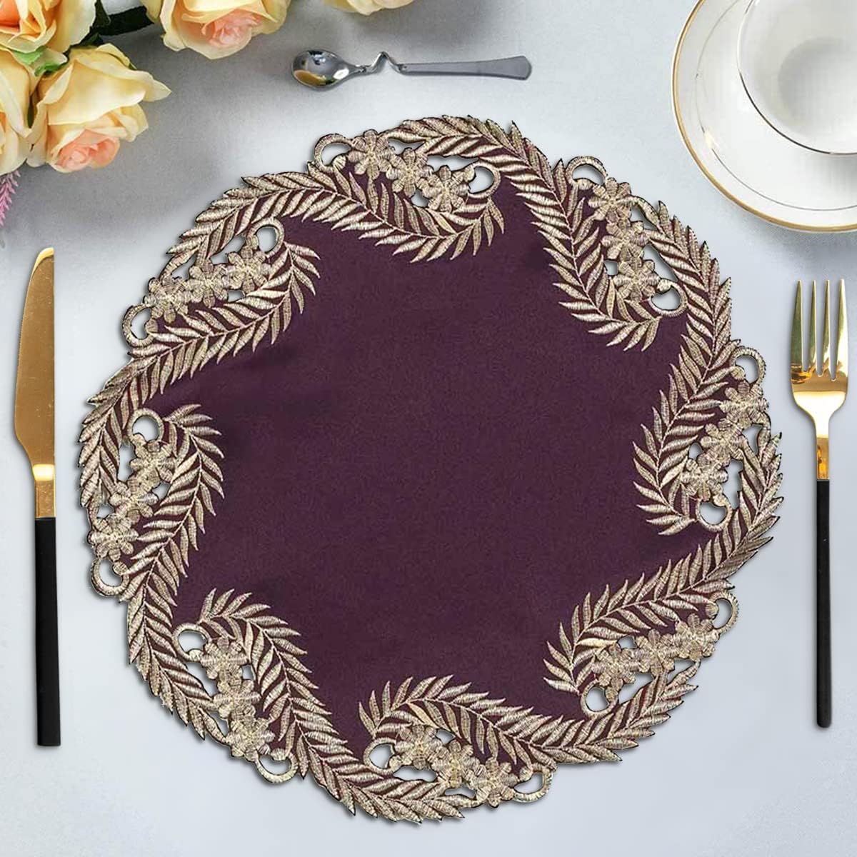 Violet Dream – Plum Gold Table Doilies, Anyce Collection Artistic Home Table Décor 15 inch - Decozen