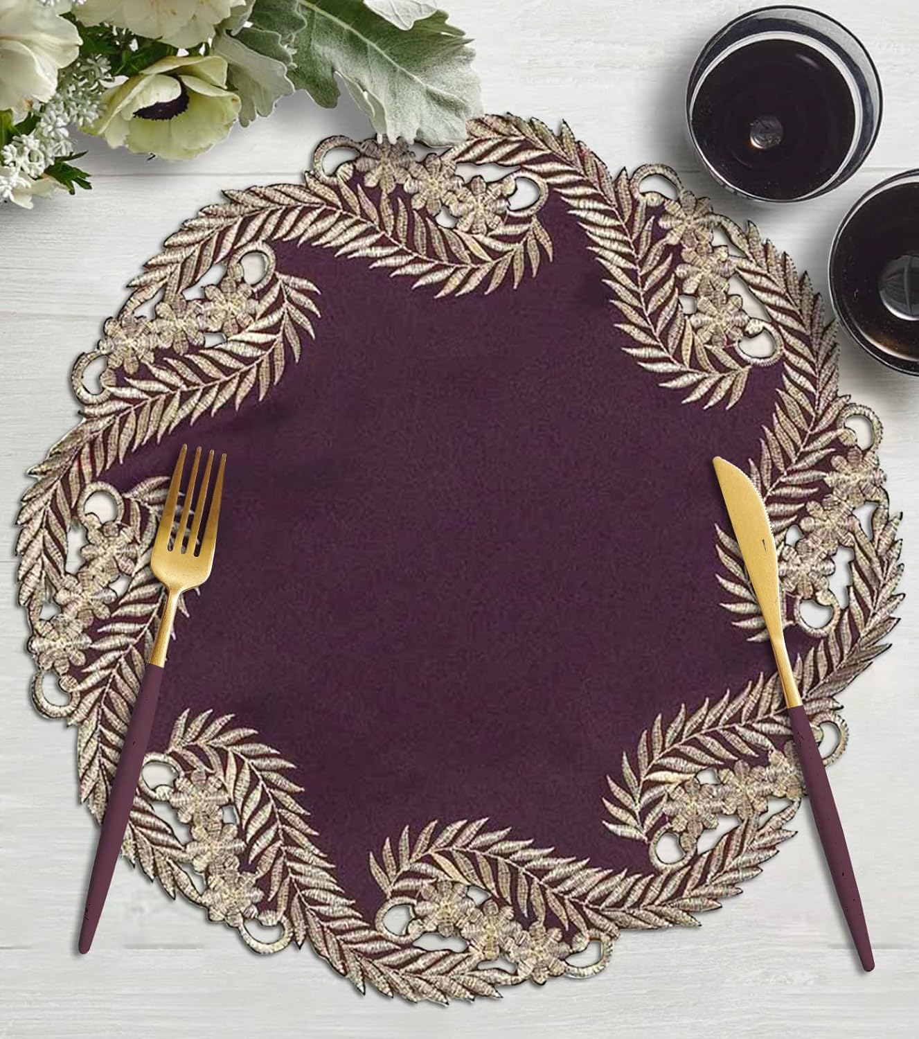 Violet Dream – Plum Gold Table Doilies, Anyce Collection Artistic Home Table Décor 15 inch - Decozen
