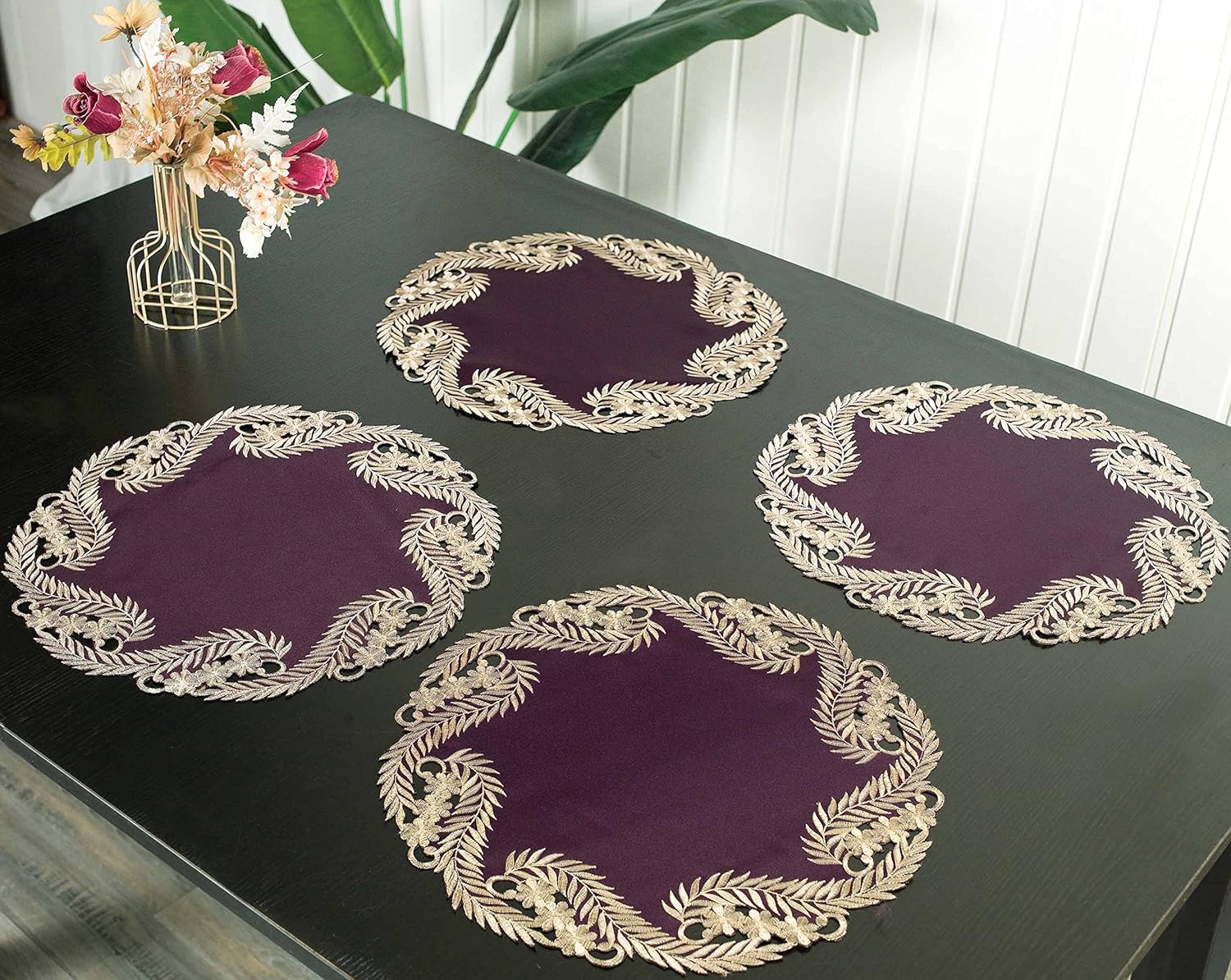 Violet Dream – Plum Gold Table Doilies, Anyce Collection Artistic Home Table Décor 15 inch - Decozen