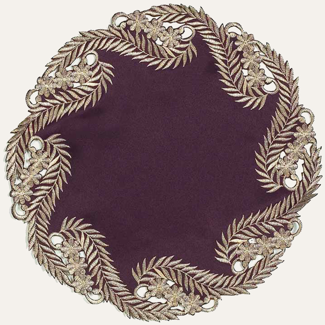 Set of four violet and plum gold table doilies from RIZ-012-DL Anyce Collection, 15-inch artistic home décor doilies.