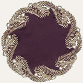 Set of four violet and plum gold table doilies from RIZ-012-DL Anyce Collection, 15-inch artistic home décor doilies.