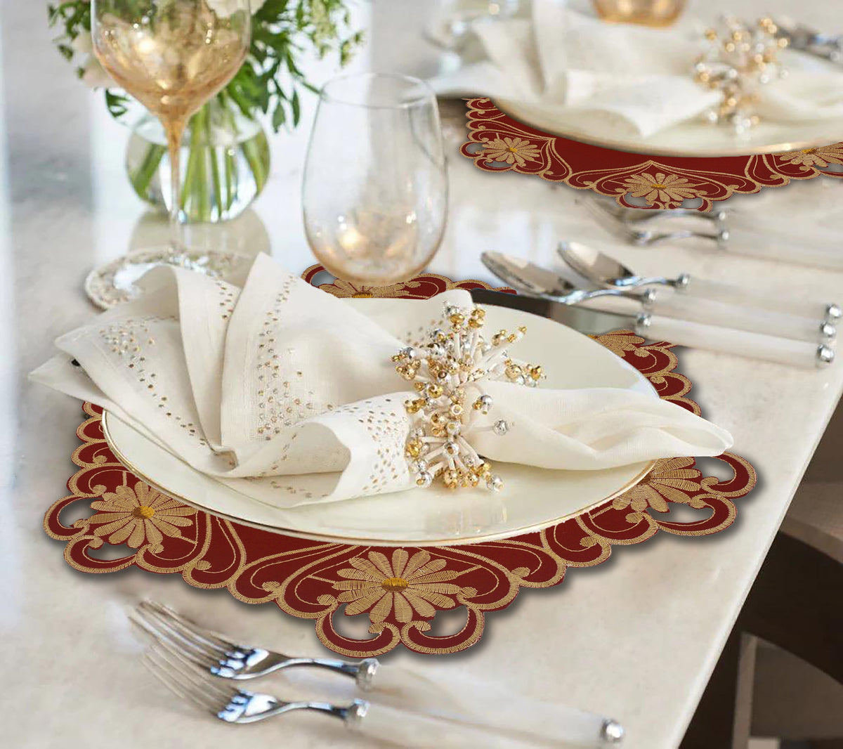 Set of four Imperial Red and Gold Lace Placemats from RIZ Imperial Red Collection, 15-inch European embroidery décor.