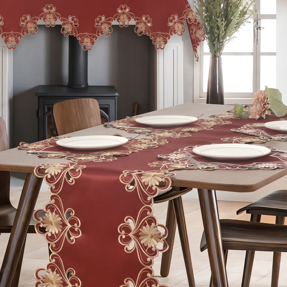 Set of four Imperial Red and Gold Lace placemats from RIZ Imperial Red Collection with European embroidery, 15 inches diameter.