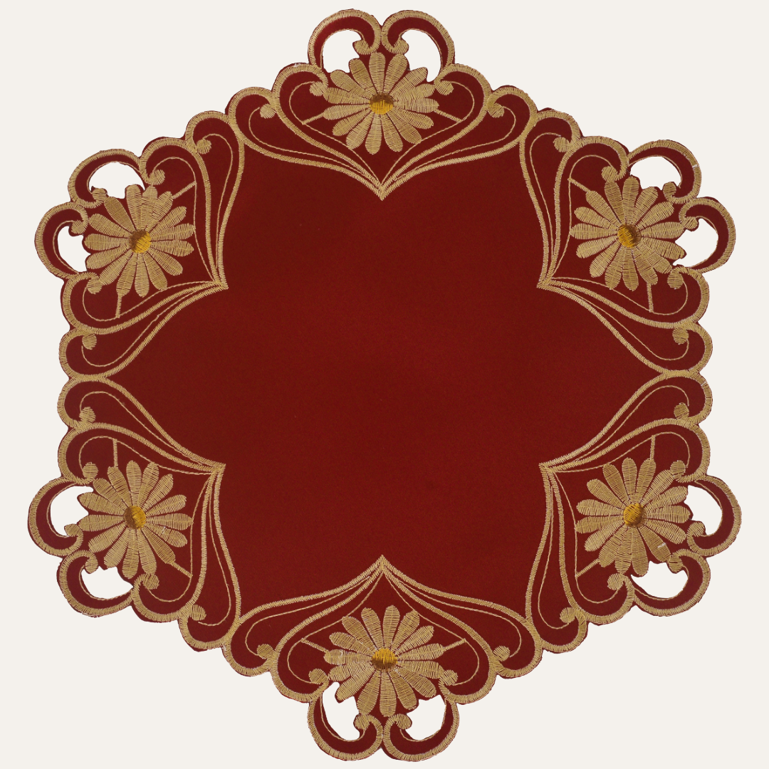 Set of four Imperial Red and Gold Lace Doilies, 15-inch placemats with European embroidery from RIZ Imperial Red Collection.
