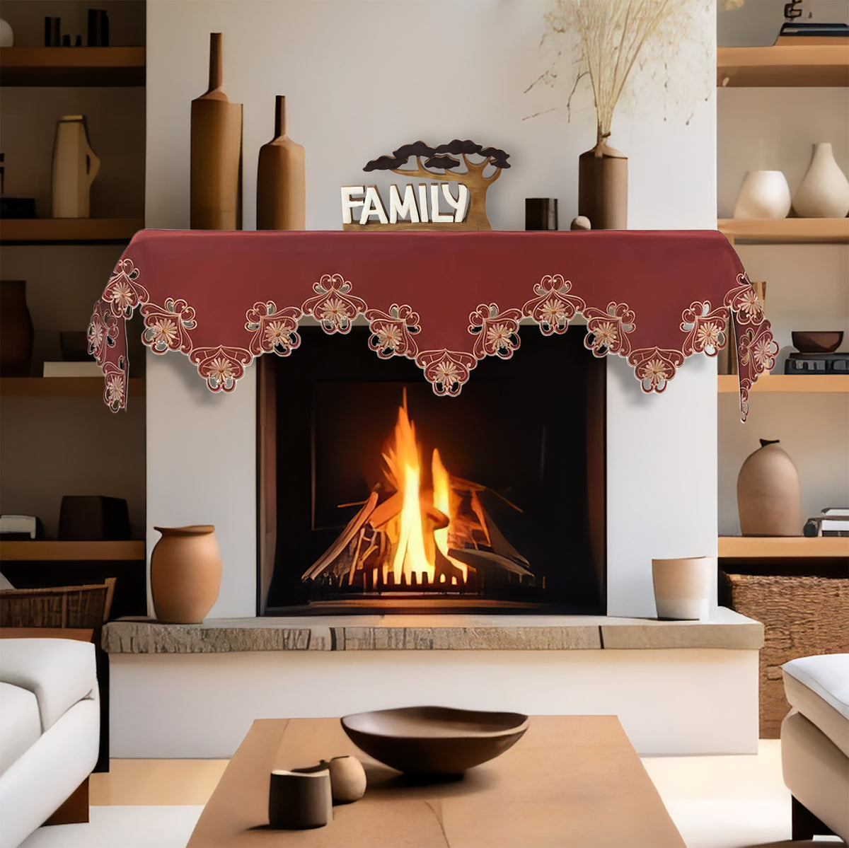 Elegant Imperial Red and gold lace embroidered table runner from RIZ Imperial Red Collection, 18x90 inches for home décor.