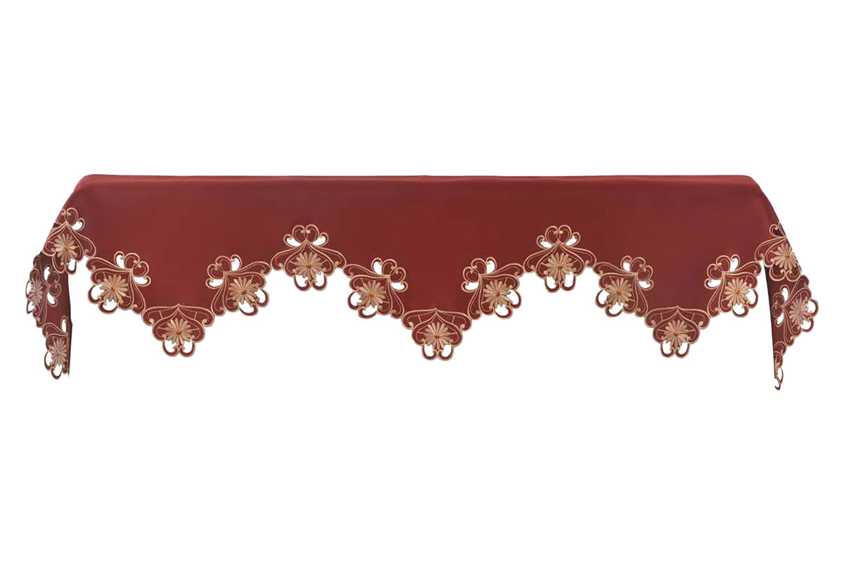 Embroidered Imperial Red and Gold Lace Table Runner by RIZ, 18x90 inches, elegant home décor for festive dining settings.