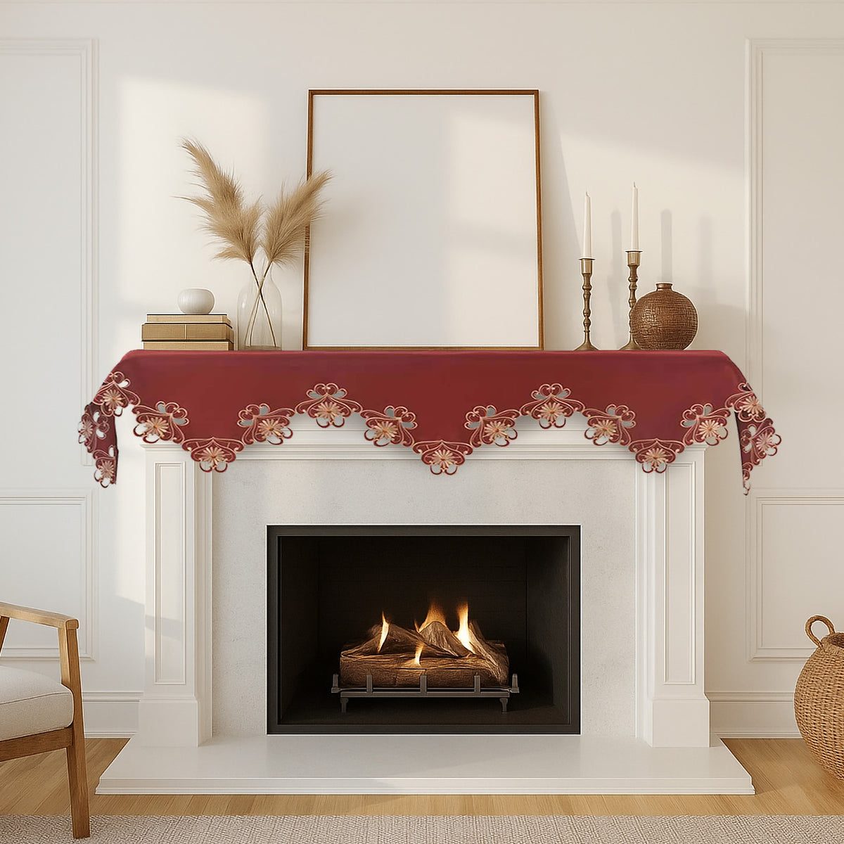 Imperial Red and Gold Lace Table Runner by RIZ, 18x90 inches, elegant embroidered home décor for festive table settings.