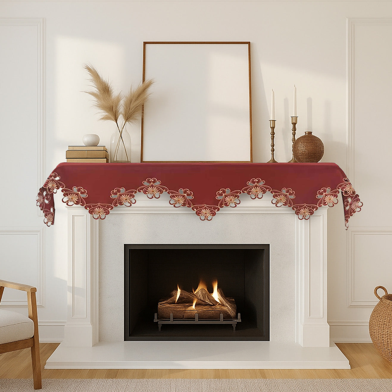 Imperial Red – Gold Lace Red Mantel Scarf Cover, The Imperial Red Collection Elegant Embroidered Home Décor 18x90 inch - Decozen