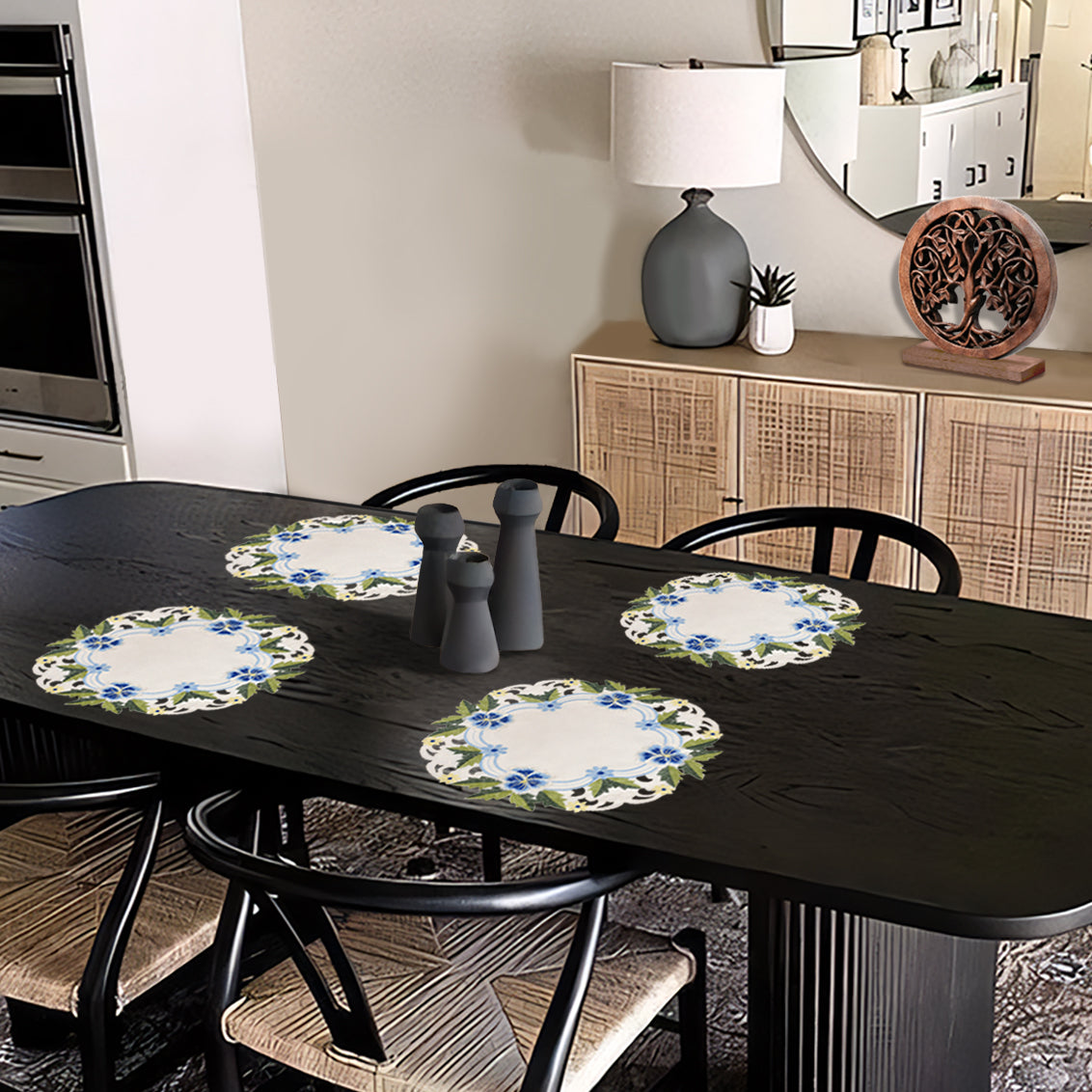 Set of four blue or green lace round placemats with European embroidery, 15-inch white doilies for dining table and home decor