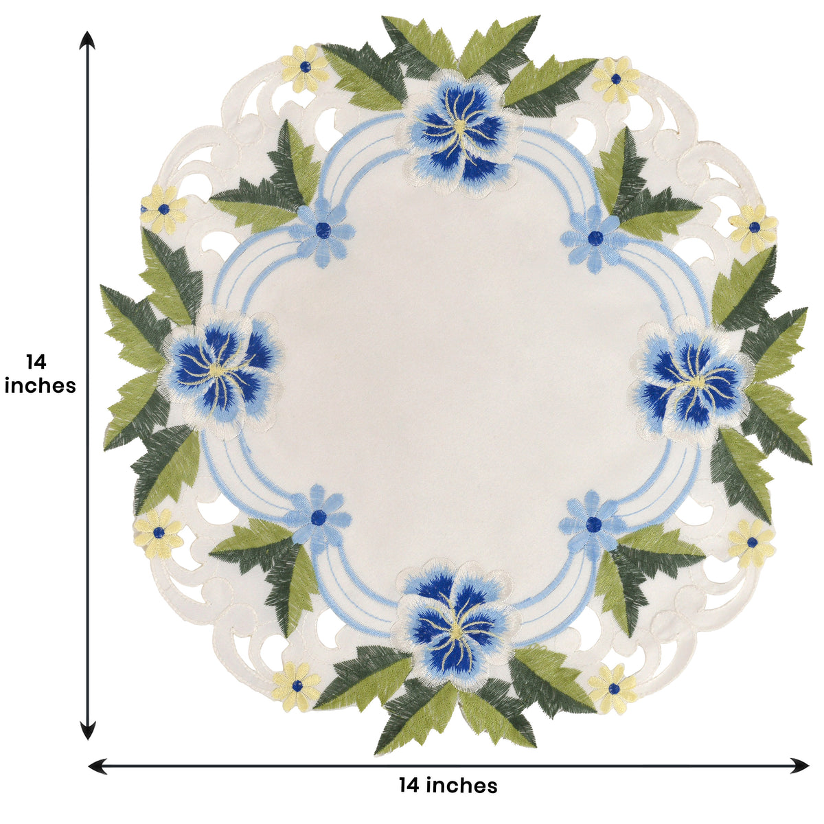 Set of four round lace placemats in blue or green with white embroidery, 15-inch European-style doilies for dining and decor.