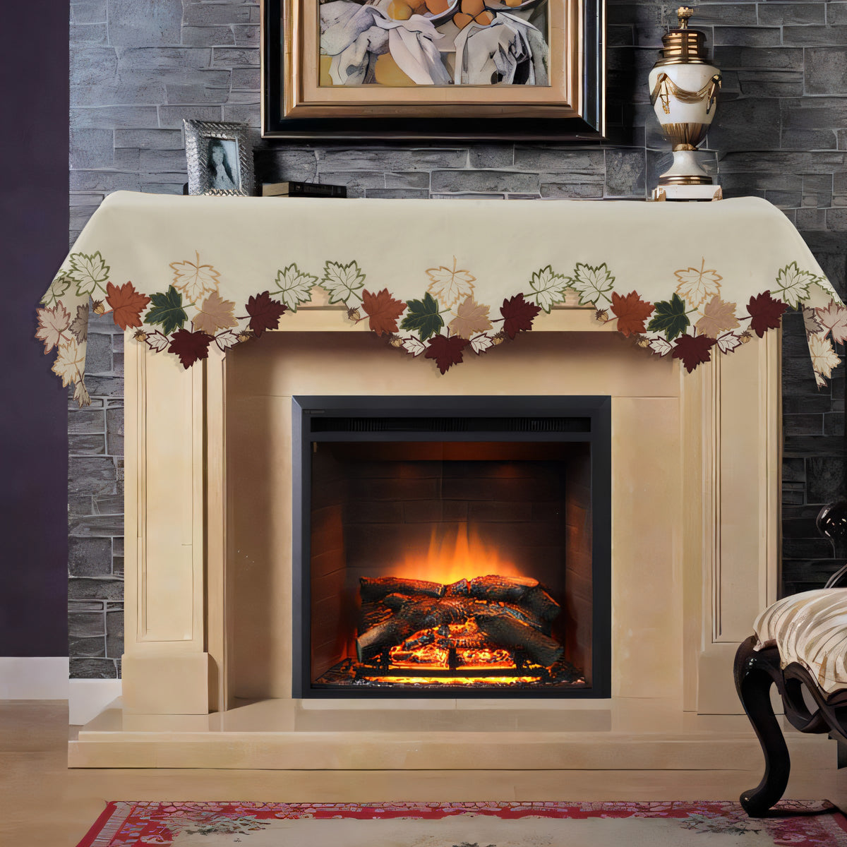 Cream white mantel scarf cover from Falling Petals Collection, embroidered artistic table linen, 18x90 inches, by RIZ.