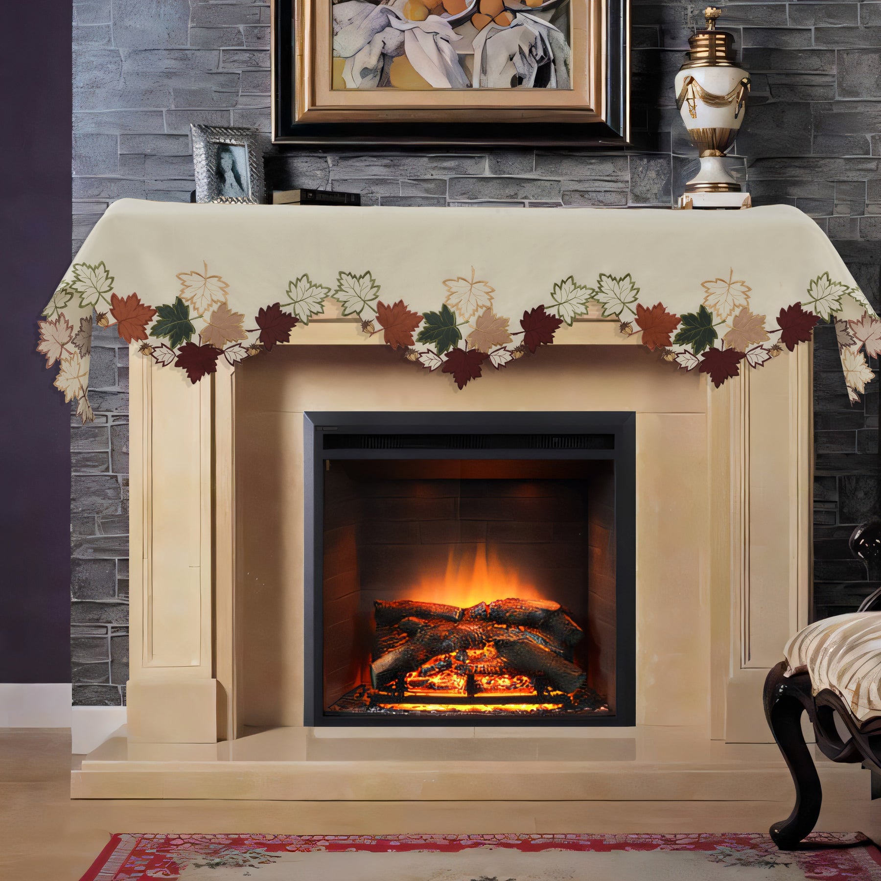 Falling Petals – Cream White Mantel Scarf Cover, The Falling Petals Collection Artistic Embroidered Home Décor 18x90 inch - Decozen