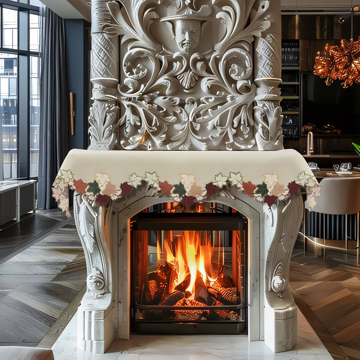 Cream white mantel scarf cover from The Falling Petals Collection, embroidered table linen by RIZ, 18x90 inches.