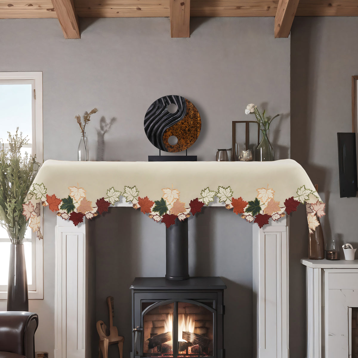 Cream white mantel scarf cover from the Falling Petals collection, artistic embroidered table linen, 18x90 inches by RIZ.
