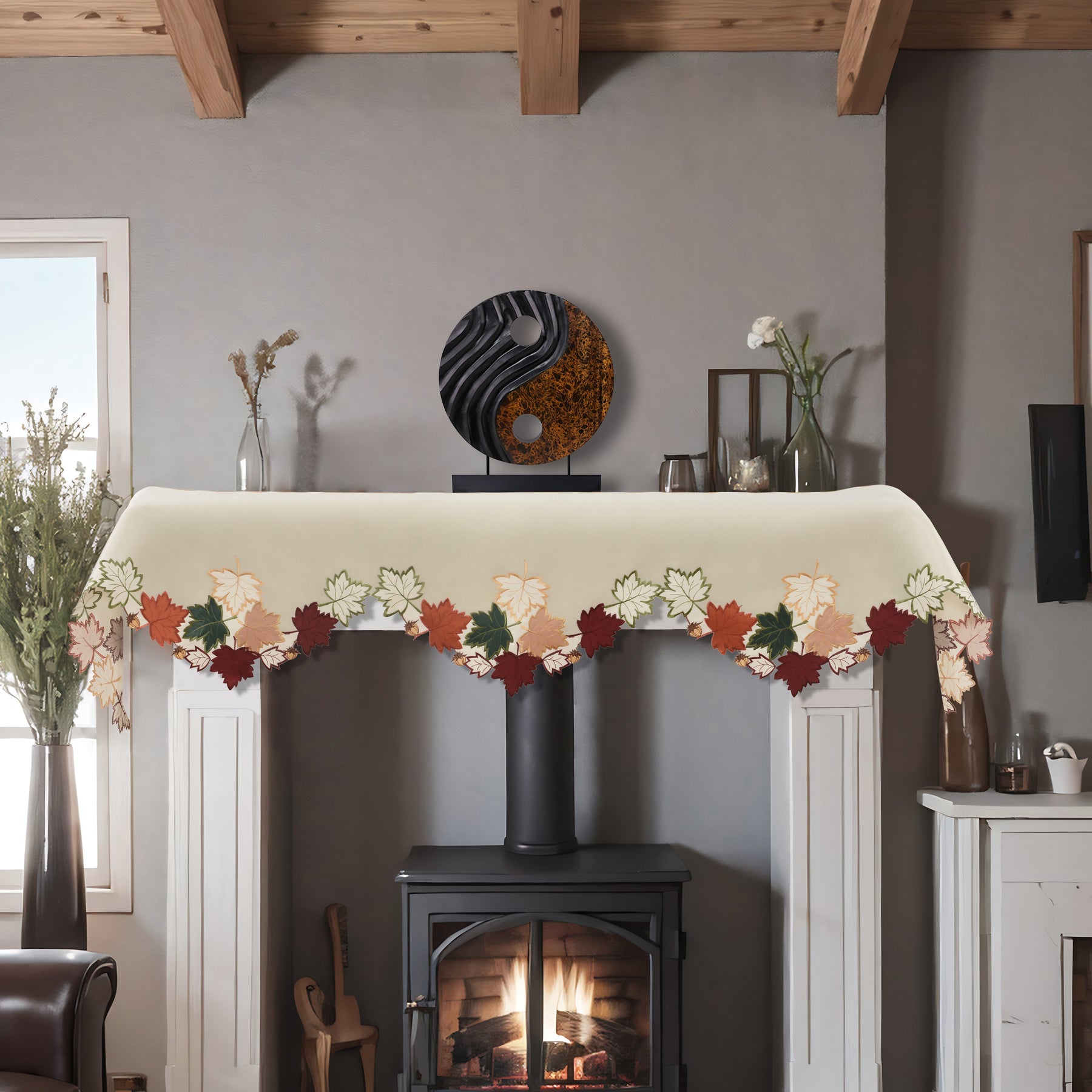 Falling Petals – Cream White Mantel Scarf Cover, The Falling Petals Collection Artistic Embroidered Home Décor 18x90 inch - Decozen