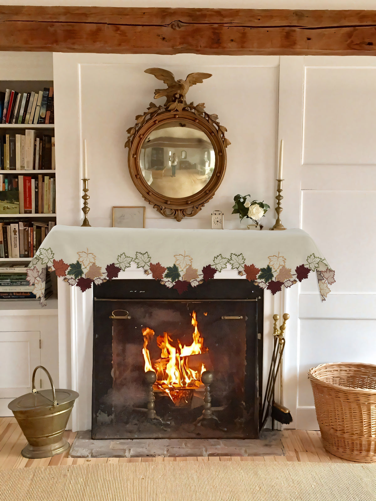 Cream white mantel scarf cover from Falling Petals Collection, embroidered table linen by RIZ, 18x90 inches.
