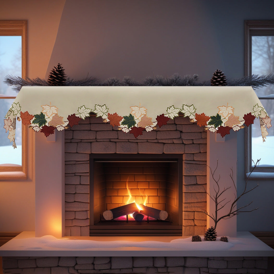 Cream white embroidered mantel scarf cover from Falling Petals Collection, 18x90 inch table linen by RIZ, elegant home décor.