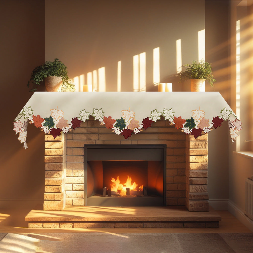 Cream white embroidered mantel scarf cover from Falling Petals collection, 18x90 inches, elegant table linen by RIZ.